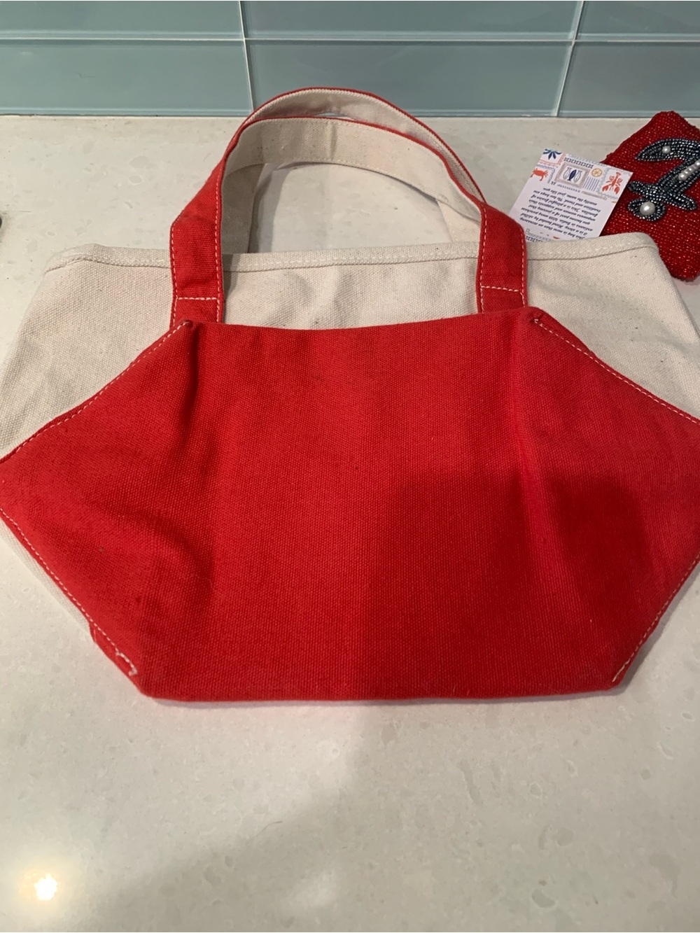 Small Canvas Tote Beaded Nautical Anchor Red Trim and Beaded Chain Pouch NWT - Picture 8 of 14